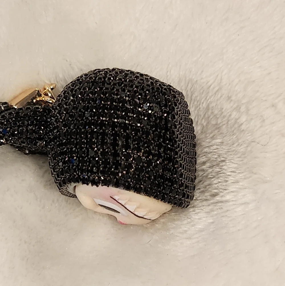 Labubu Black Rhinestone Keychain with Gold Ring Bag Charm